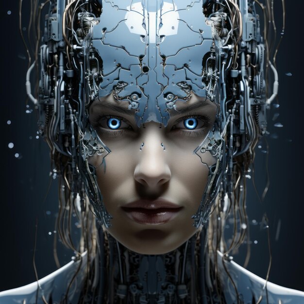 the face of a woman with blue eyes and a robot head