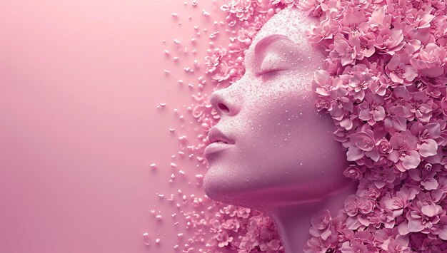 Foto volto di donna con fiori rosa su sfondo rosa concetto di giorno della donna