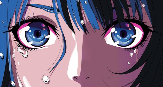 The face of a young girl with anime eyes styles in anime and cyberpunk fashion