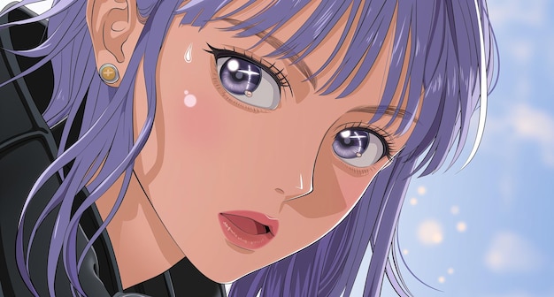 The face of a young girl with anime eyes styles in anime