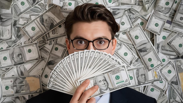 Face of young rich man covered with fan of money