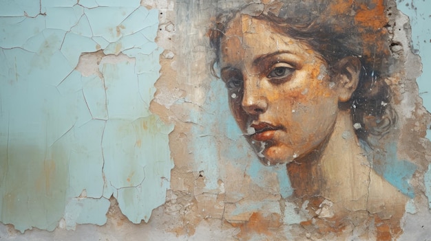 Face of young woman painted on old wall like Ancient fresco fine art generative AI Artifact of past civilization Theme of fine art beauty old history and culture antiquity