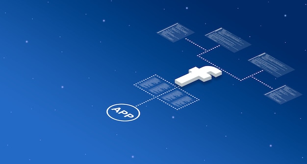 facebook application icon on the system with program code elements 3d