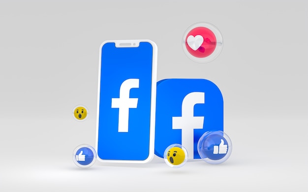 Facebook icon on screen smartphone and facebook reactions love, wow, like emoji with copy space