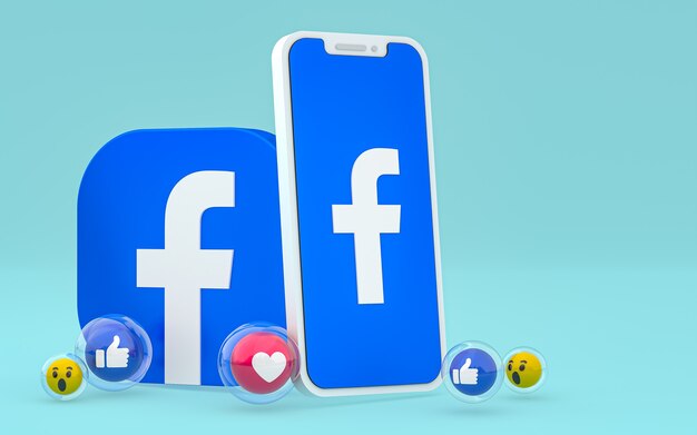 Facebook icon on screen smartphone and facebook reactions love, wow, like emoji with copy space