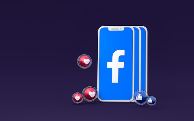 Facebook icon on screen smartphone and facebook reactions love, wow, like emoji with copy space