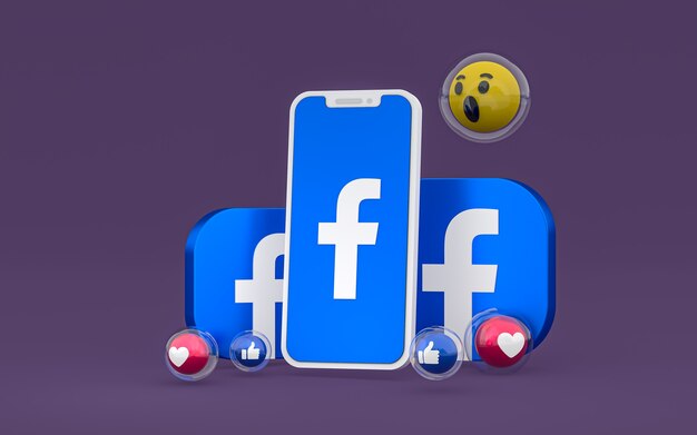 Facebook icon on screen smartphone and facebook reactions love, wow, like emoji