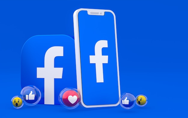 Facebook icon on screen smartphone and facebook reactions love, wow, like emoji