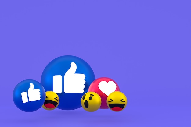 Facebook-reacties emoji 3d render, social media ballonsymbool op paarse achtergrond