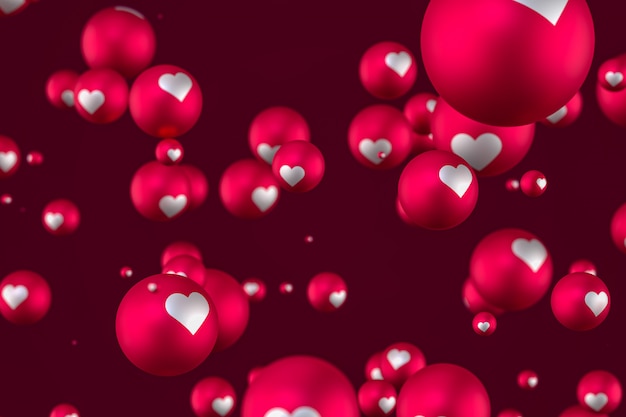 Facebook reacties hart emoji 3d render op rode achtergrond, sociale media ballon symbool met hart, Happy Valentines Day card