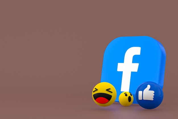Rendering 3d di emoji di reazioni di facebook, simbolo di palloncino di social media con motivo a icone di facebook