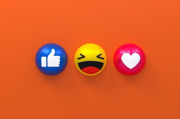 Foto rendering 3d di emoji di reazioni di facebook, simbolo di palloncino di social media con facebook