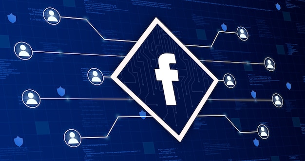 Foto icona del social network facebook che collega il sistema con altri utenti su un background tecnologico con elementi di codice 3d
