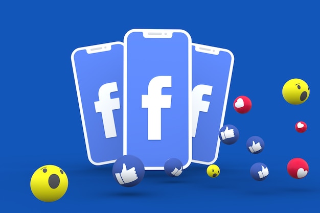 Simbolo di facebook sullo smartphone schermo o cellulare e reazioni di facebook 3d rendono