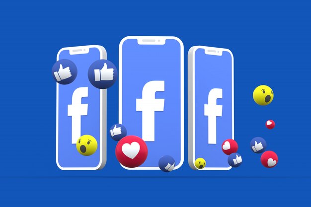 画面上のFacebookのシンボルスマートフォンまたはモバイルとFacebookの反応愛、うわー、絵文字3 dレンダリングのよう