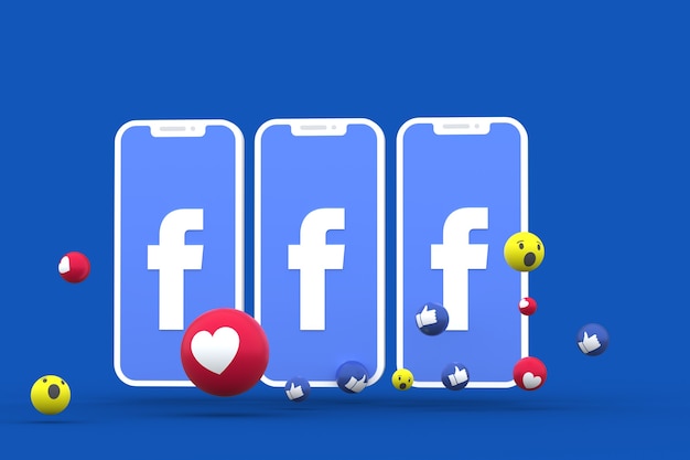 Facebook symbol on screen smartphone or mobile and facebook reactions love,wow,like emoji 3d render