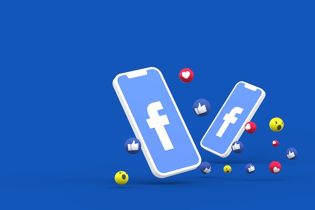 Facebook symbol on screen smartphone or mobile and facebook reactions love,wow,like emoji 3d render