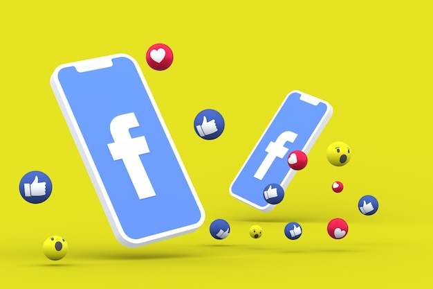 Facebook-symbool op scherm smartphone of mobiel en Facebook-reacties love, wow, like emoji 3d render