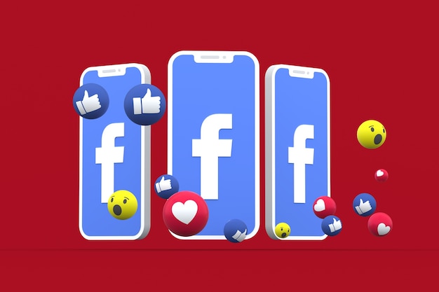 Facebook-symbool op scherm smartphone of mobiel en facebook-reacties love, wow, like emoji 3d render