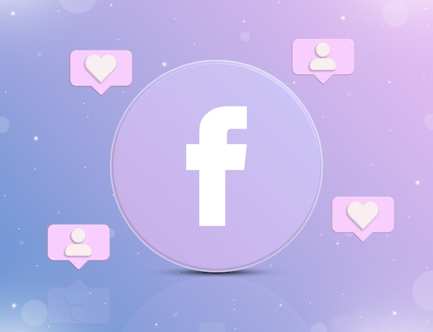 Facebooksociaal netwerklogo met meldingspictogrammen van nieuwe likes en volgers rond 3d