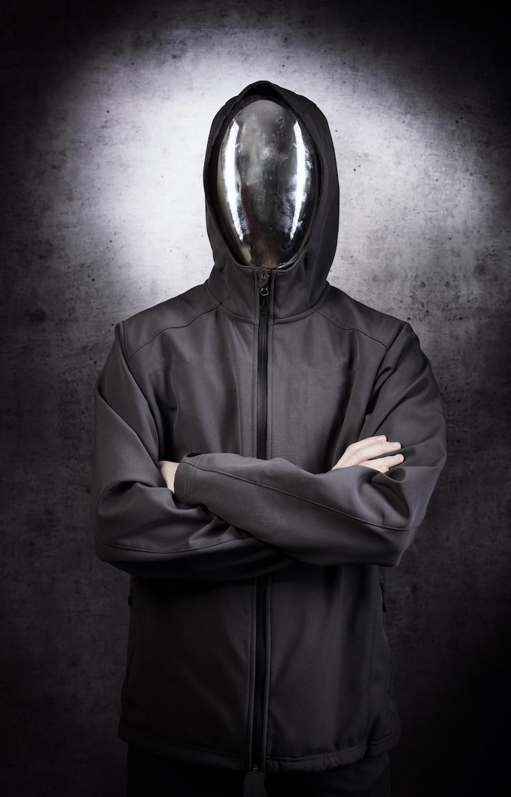 Photo faceless character with the mirror mask on grey background