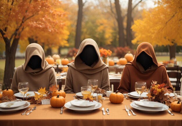 Faceless guests at table at autumn brunch