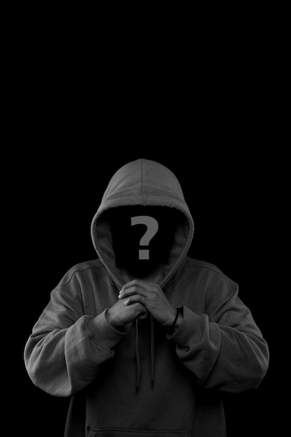 faceless hooded man isolated black mystery man concept criminal hacker