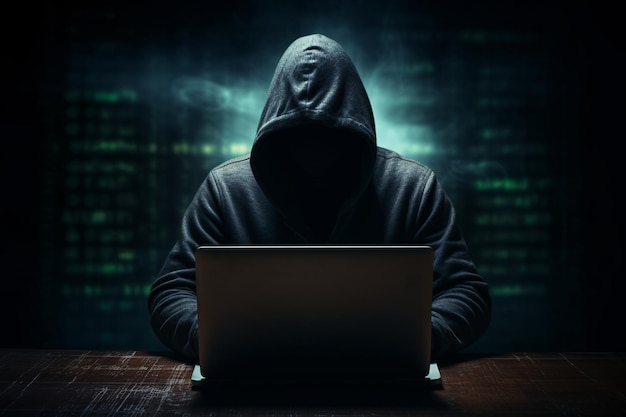 Faceless man behind laptop hacker attack AI generated