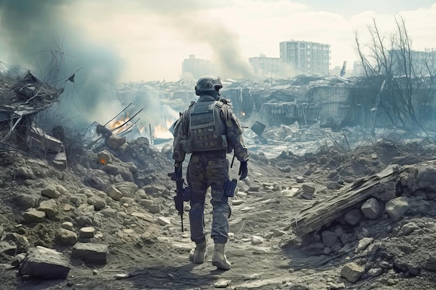 Photo faceless soldier walking in destroyed city generative ai illustration