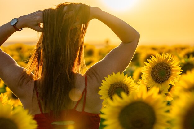 Faceless woman with straight hair enjoying sunset in a sunflower field. She is touching her hair.