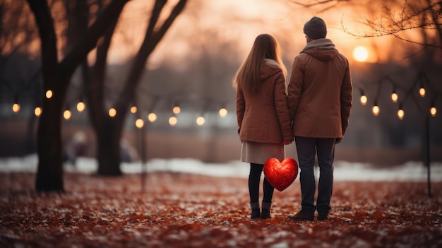 Faceless Young couple holding hands with a large heart behind them