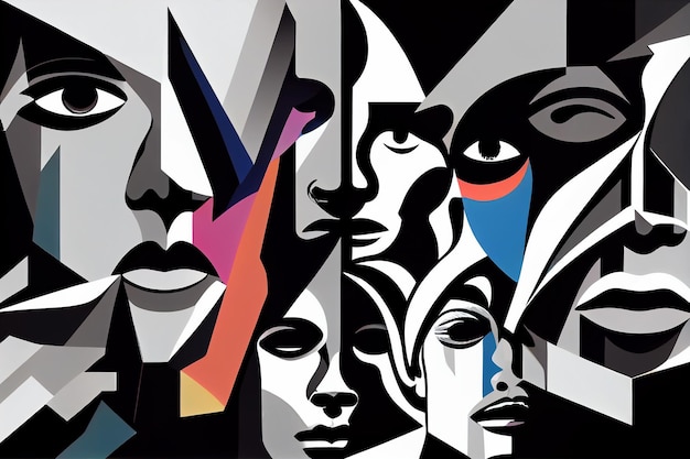 Faces collage black and white and colours elements psychology stress wallpaper Abstract poster