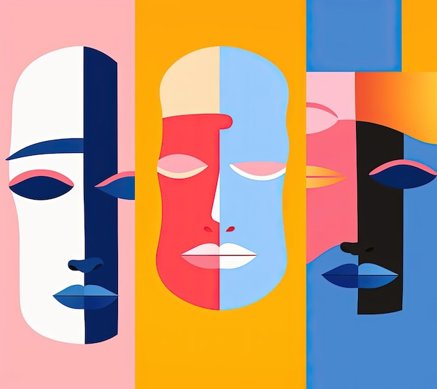 faces from different emotions in the style of colorblocked shapes