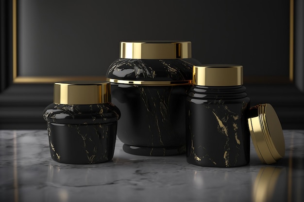 Facial cream other cosmetic jars on marble stone table Bottle with gold cap on black background Lotion in container Beauty and cosmetic concept Body care Image is generated with the use of an AI