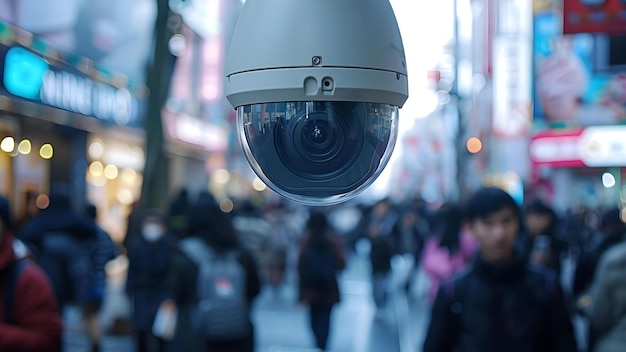 写真 顔認証カメラは監視とデータ収集のために群衆の中の個人を監視します コンセプト 顔認知技術 監視システム プライバシー 懸念 データ収集