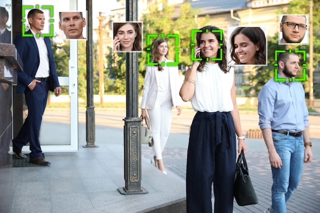 Facial recognition system identifying people on city street