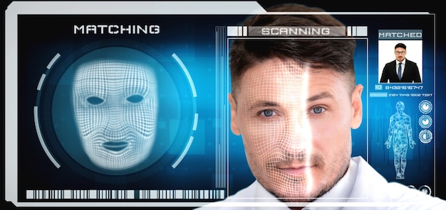 Photo facial recognition technology scan and detect people face for identification