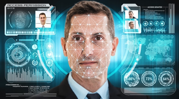 Photo facial recognition technology scan and detect people face for identification