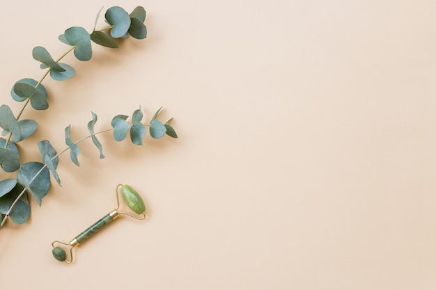 Facial roller massaging therapy. Green jade stone face roll massager with eucalyptus leaves on light Beige background. Flat lay, copy space, top view. Feminine relaxing atmosphere.