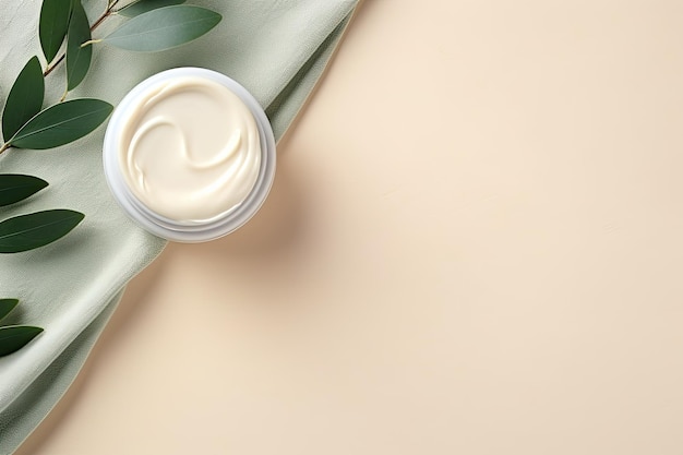 Photo facial skincare product concept with a jar filled with white organic cosmetic cream and a green euca