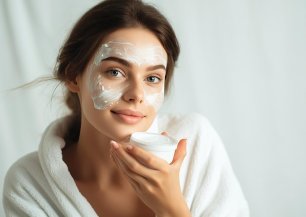 Facial Skincare Routine Woman Applying Face Cream in Studio