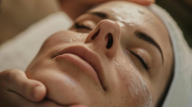 Facial Treatment for Hydrated Glowing SkinCloseup of a tranquil person receiving a hydrating facia