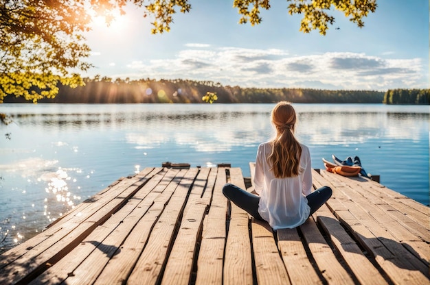 Photo facing back young woman sitting on wooden pier on shore beautiful mountain lake at sunrise or sunset