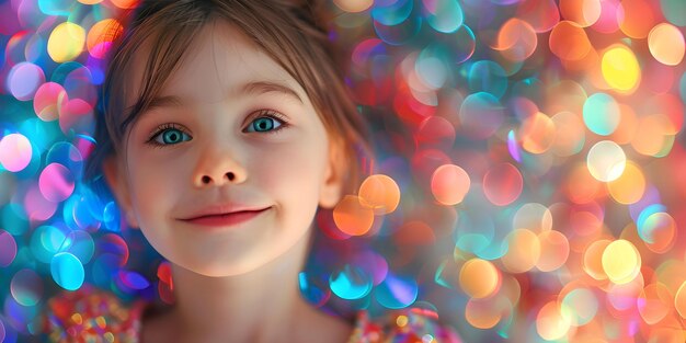 Facing the Camera with a Smile A Girl in Front of a Colorful Blurred Light Display Concept Portrait Photography Colorful Background Smiling Expression Creative Lighting