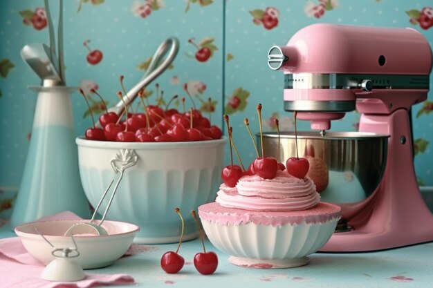 Premium AI Image  A blue kitchenaid mixer with a pink stand mixer on a  wooden table.