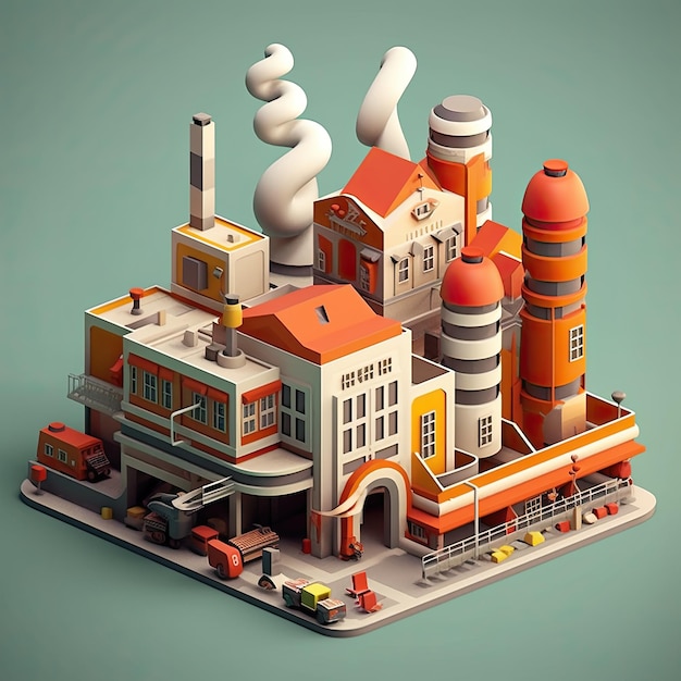 Factory 3d cartoon illustration Generative AI Factory building pipe smoke