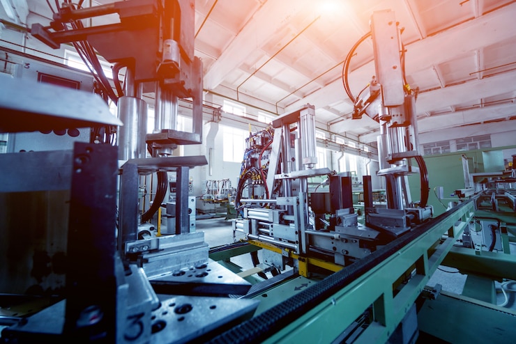 Photo factory for aluminum and pvc windows and doors production. details industrial equipment.