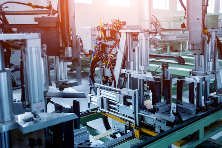 Photo factory for aluminum and pvc windows and doors production. details industrial equipment.