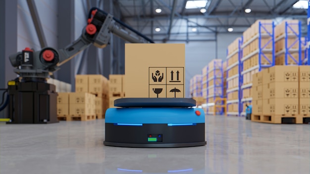 factory automation with agv and robotic arm in transportation to increase transport more with safety.3d rendering