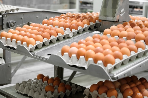 공장 닭고기 달걀 생산. 컨베이어에 작업자 정렬 닭고기 달걀. 농업 기업.